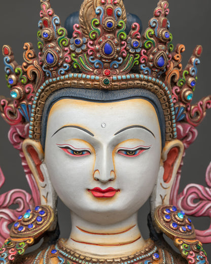 Chenrezig Statue face with 24K gold finish and serene Bodhisattva expression