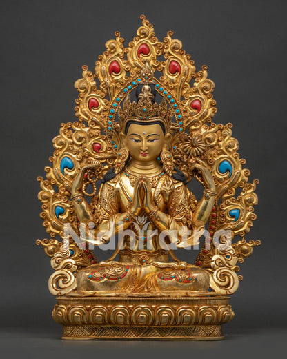 Chenrezig Statue Four Armed Avalokiteshvara Buddhist Sculpture Front View
