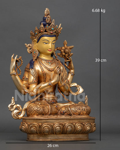 Chenrezig Statue, Four Armed Compassion Deity, Lotus Posture, Copper, Gold Gilded Art from Nepal