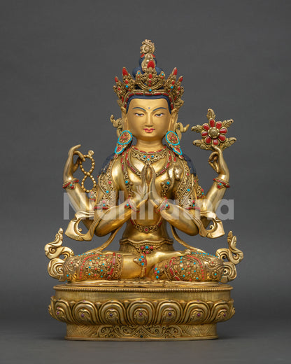 Chenrezig statue from Nepal, four armed Avalokiteshvara Buddhist deity with gold gilded copper details