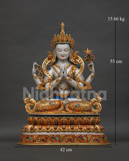 Chenrezig statue Busan, handcrafted in copper with 24K gold gilding front view