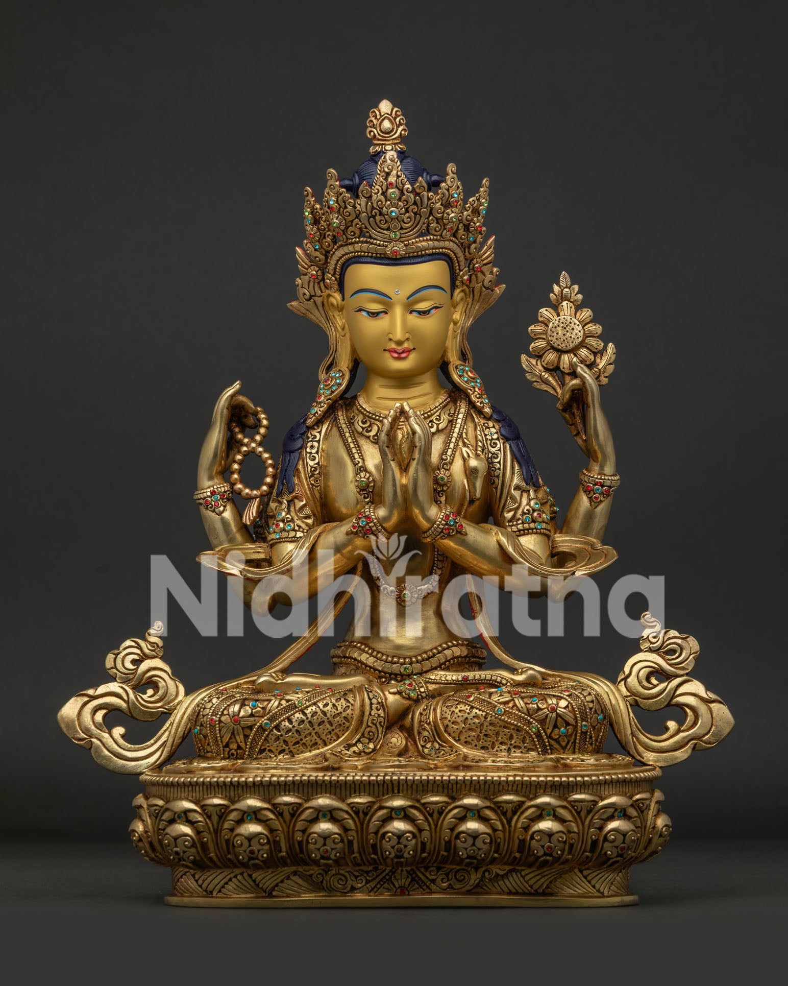 Chenrezig Statue Front View Handmade 24K Gold Fire Gilded Tibetan Buddhist Artwork