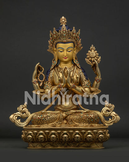 Chenrezig Statue Front View Handmade 24K Gold Fire Gilded Tibetan Buddhist Artwork