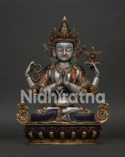 Chenrezig Statue Front View with Gold Gilding and Semi-Precious Stone Adornments.