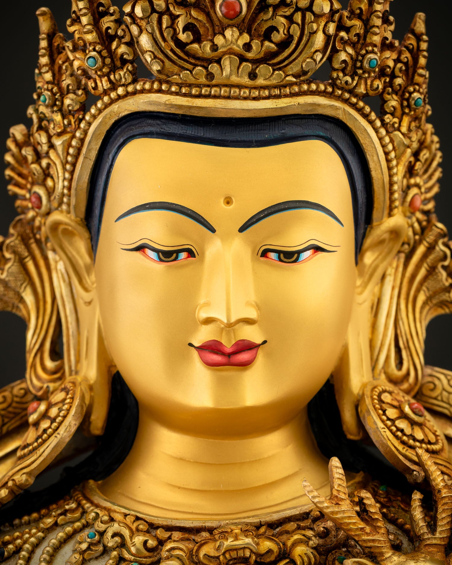 Chenrezig Statue gold-painted face with serene expression, five-jeweled crown with semi-precious stones