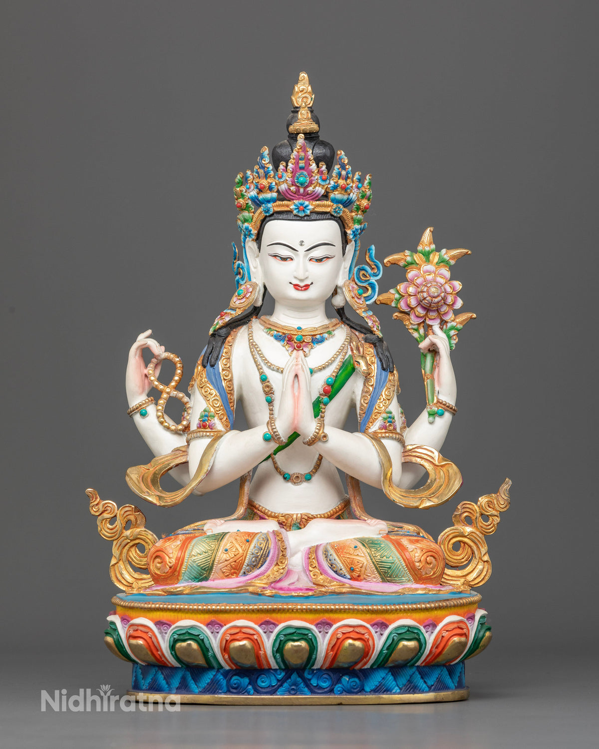 Chenrezig statue, handcrafted by Newari artisans from Patan, Nepal with gold gilded details