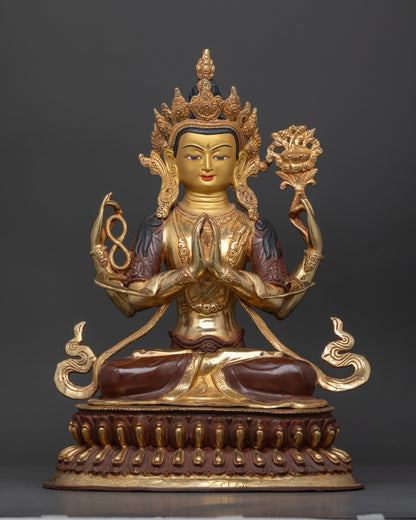 Chenrezig statue handcrafted by newari artists from patan nepal copper oxidized gold fire gilded.