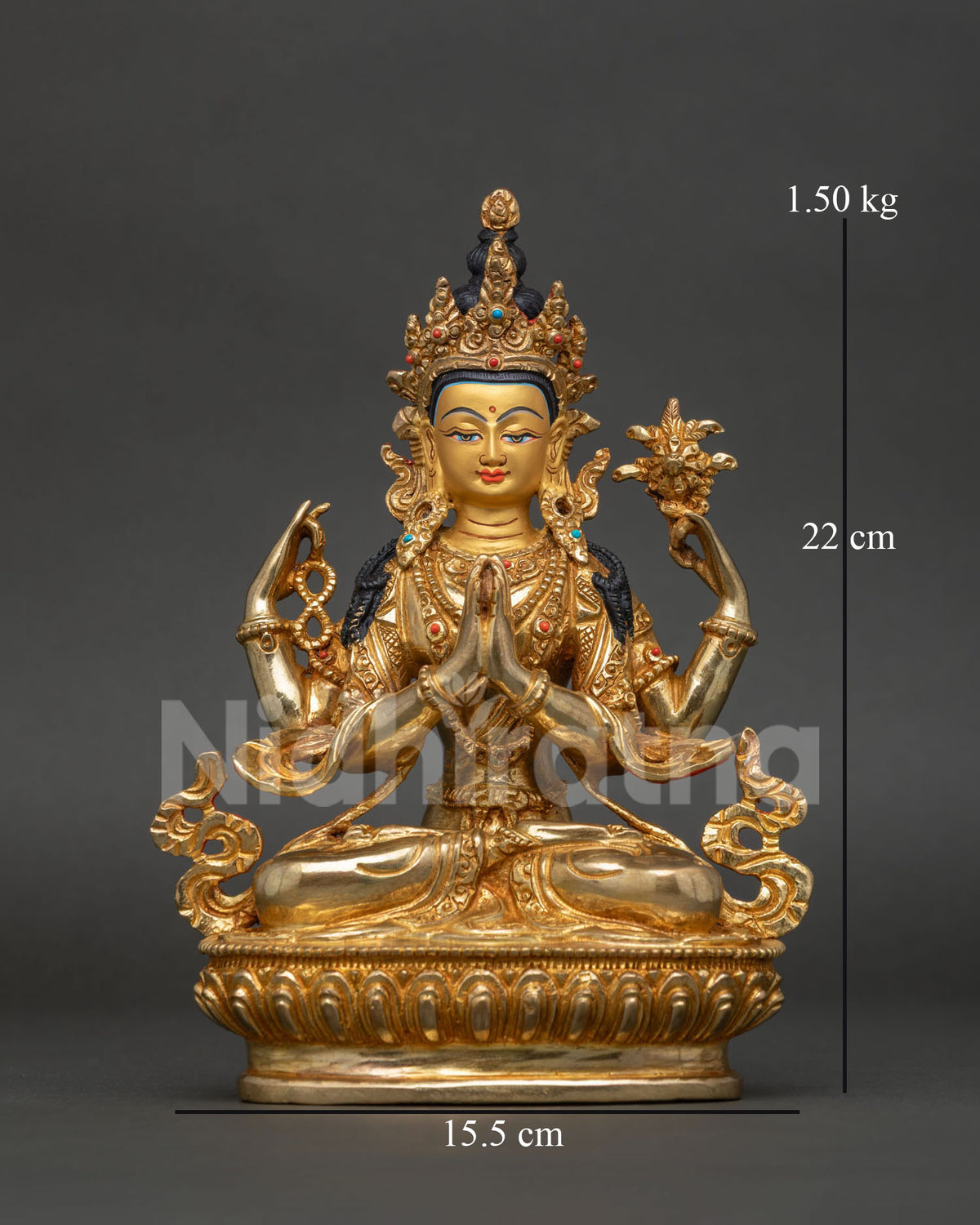 Chenrezig statue handcrafted by newari artists from patan nepal with gold fire gilded copper finish.