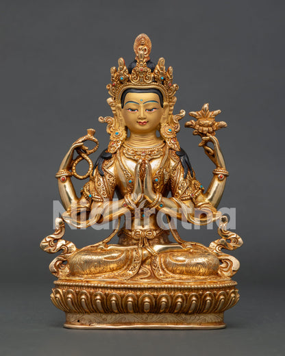 Chenrezig statue handcrafted copper with gold gilded body and semi precious stones from nepal.