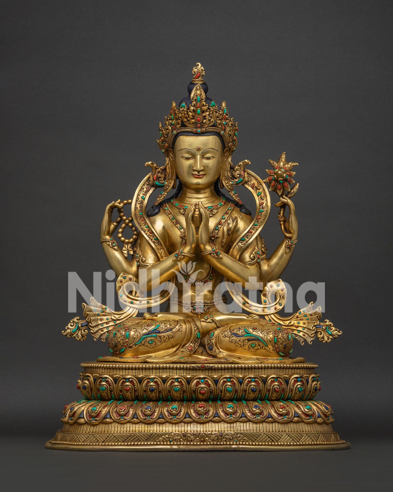 Front chenrezig statue handcrafted in nepal gold fire gilded copper with semi precious stones front view
