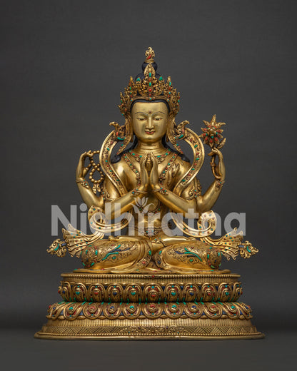 Front chenrezig statue handcrafted in nepal gold fire gilded copper with semi precious stones front view