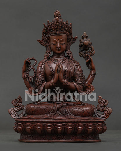 Chenrezig Statue Handcrafted in Nepal with Oxidized Copper Finish.