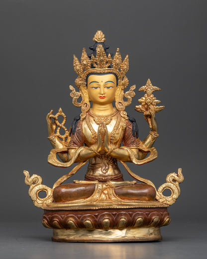 Chenrezig statue handcrafted in Patan Nepal with copper body 24K gold face and lotus pedestal.