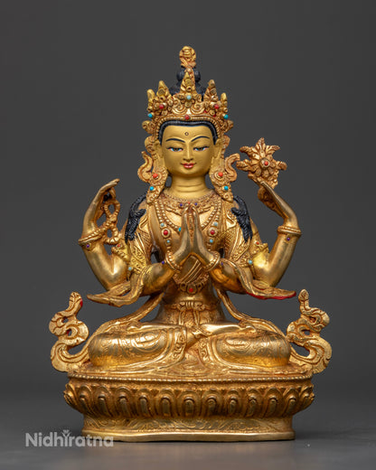 Chenrezig Statue, handcrafted in Patan, Nepal with 24K gold fire-gilding and semi-precious stones