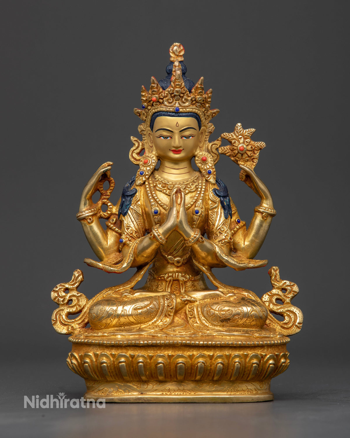 Chenrezig Statue handcrafted in Patan Nepal with gold-gilded copper and semi-precious stones