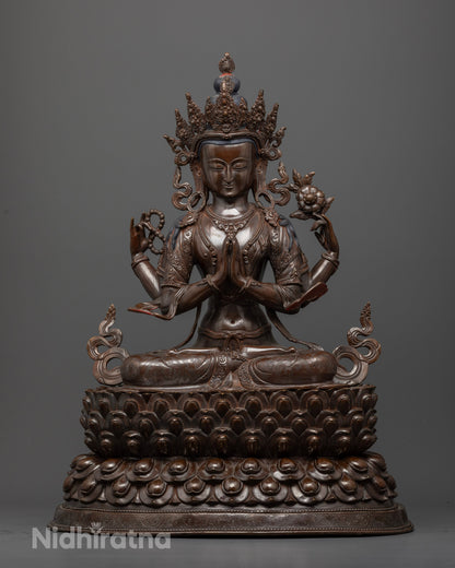 Chenrezig Statue, handcrafted in Patan, Nepal with solid copper and oxidized finish