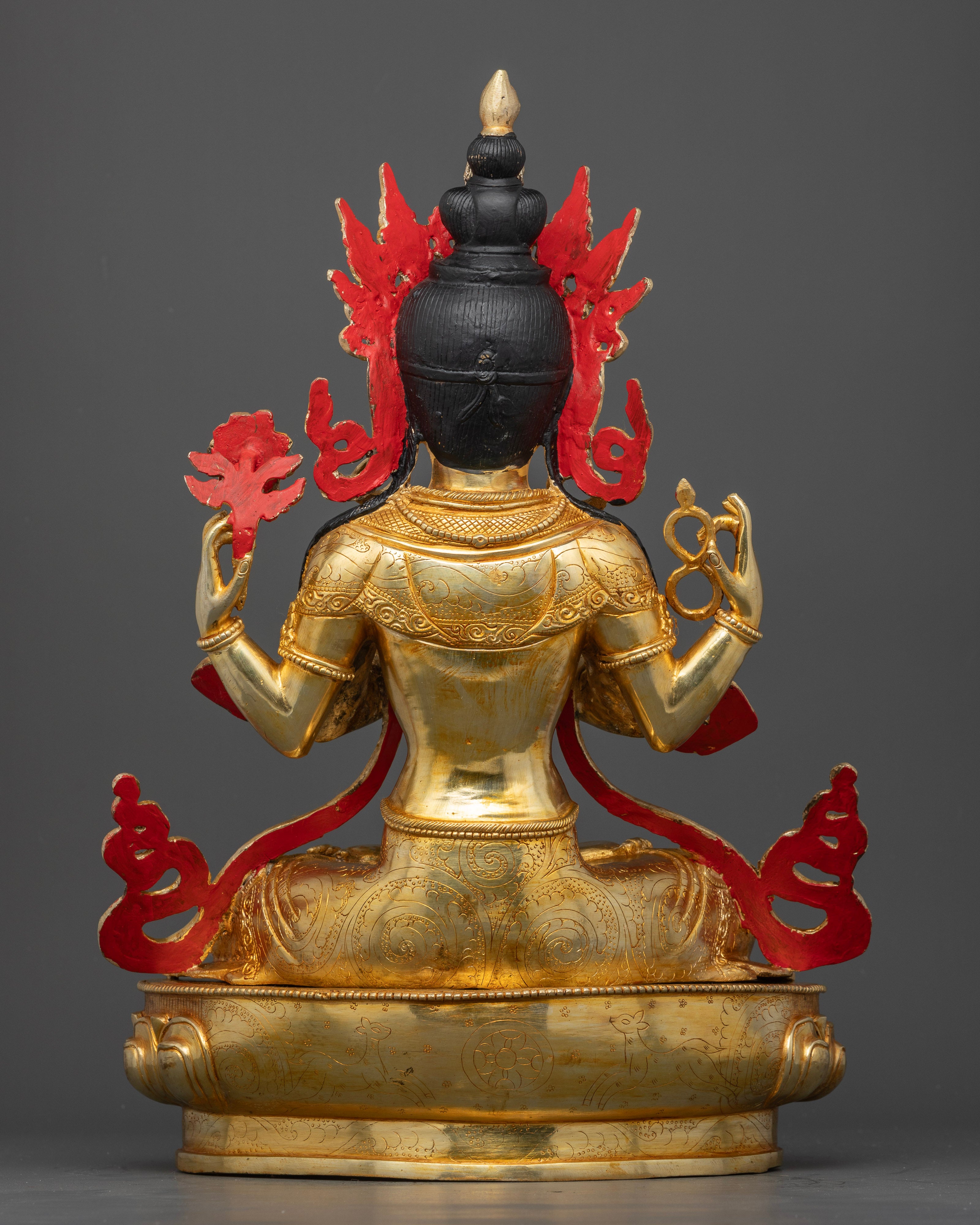 Chenrezig Statue, Handmade by Newari Artisans with Five Jeweled Crown and Floral Carvings