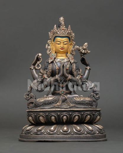 Front view of Chenrezig statue handmade copper Buddhist sculpture from Nepal oxidized silver plated finish Bodhisattva of compassion Himalayan art