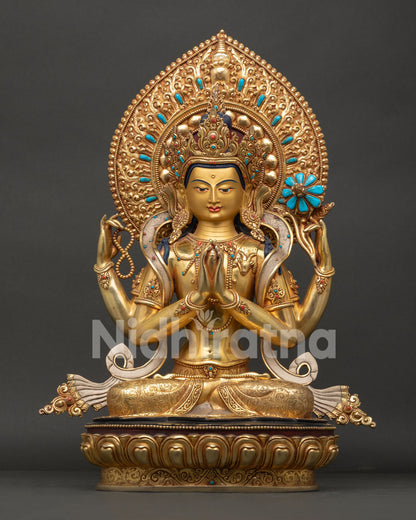 Chenrezig Statue Handmade in Nepal with 24K Gold Fire Gilding Front View