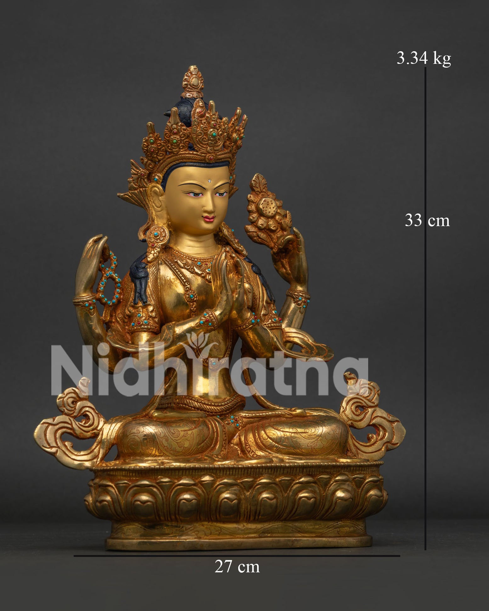 Chenrezig Statue, holding crystal rosary, lotus and wish fulfilling jewel