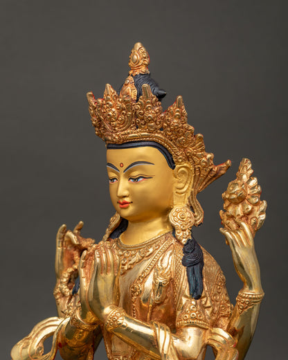 Chenrezig statue layered necklaces gold gilded Newari craftsmanship.