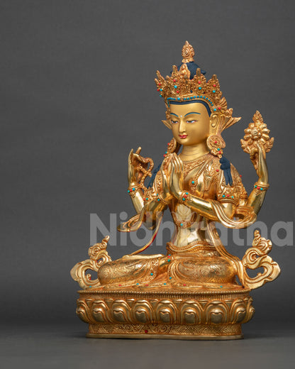 Chenrezig Statue left side view five jewel crown and flowing robes.