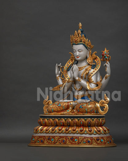 Chenrezig statue Gangwon left side view showing hand chased details, gold gilding and semi precious stones