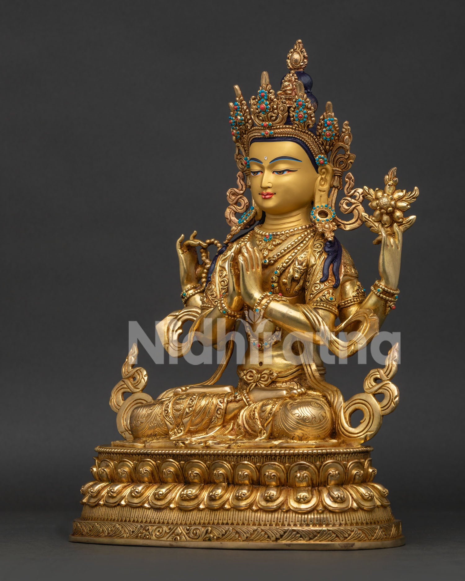Chenrezig Statue left view side showing lotus pedestal and handcrafted ornaments