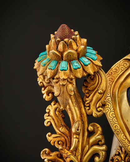 Chenrezig Statue lotus flower detail with turquoise and coral stone inlay, gold filigree Nepal