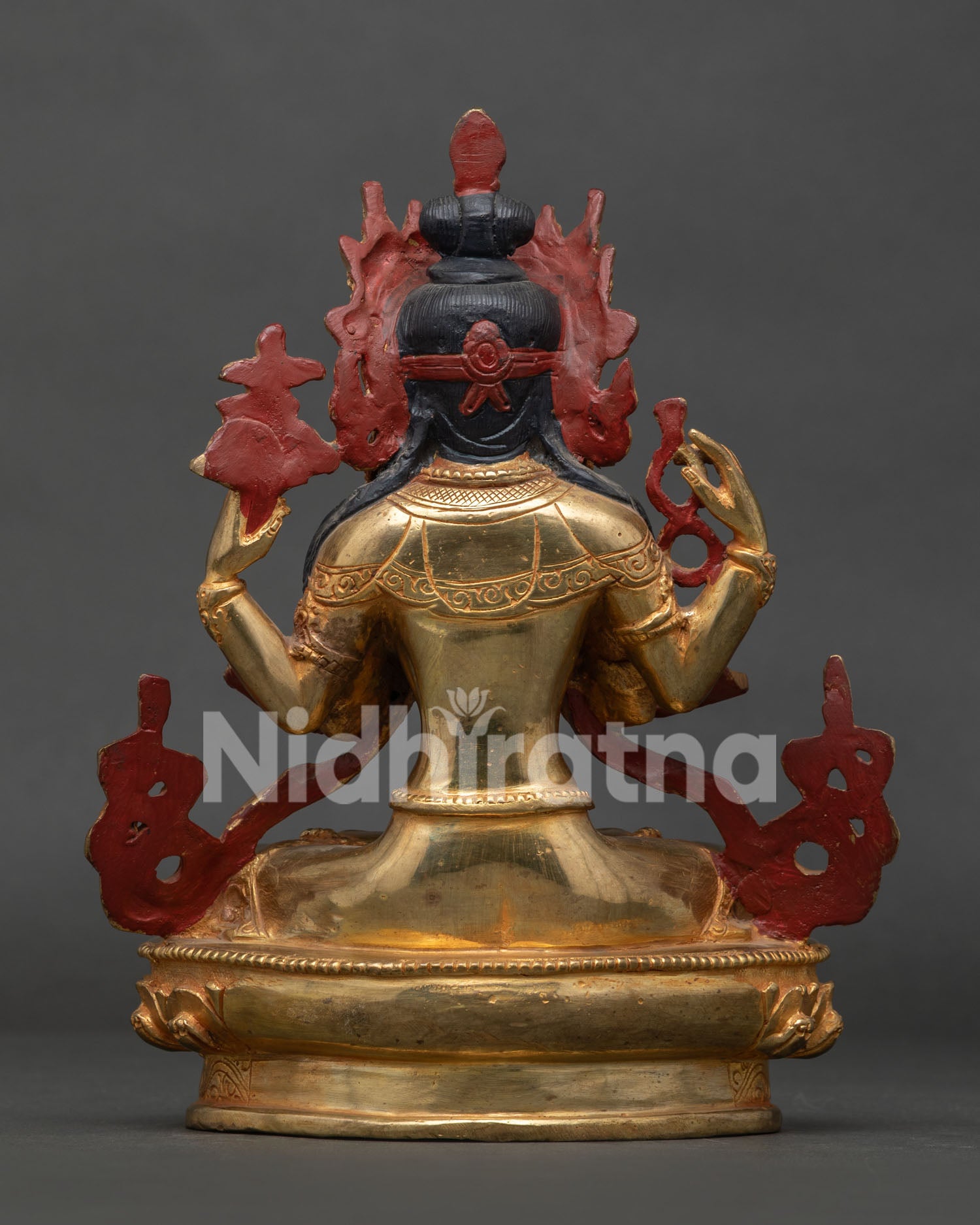 Chenrezig Statue on Lotus Pedestal Back View Gold Fire Gilded Copper Artwork.