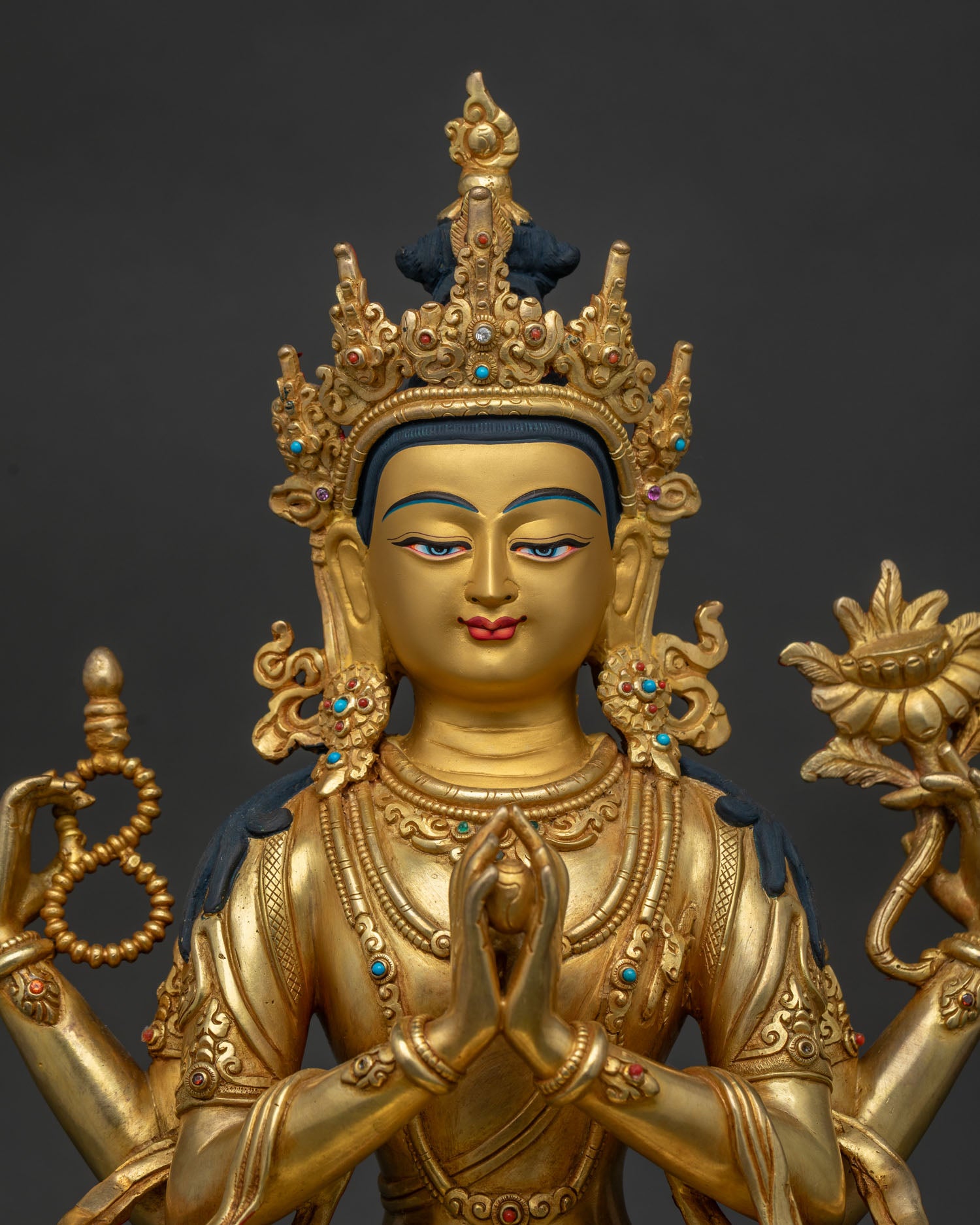 Chenrezig Statue regular close up 24K gold gilded Buddhist artwork from Nepal