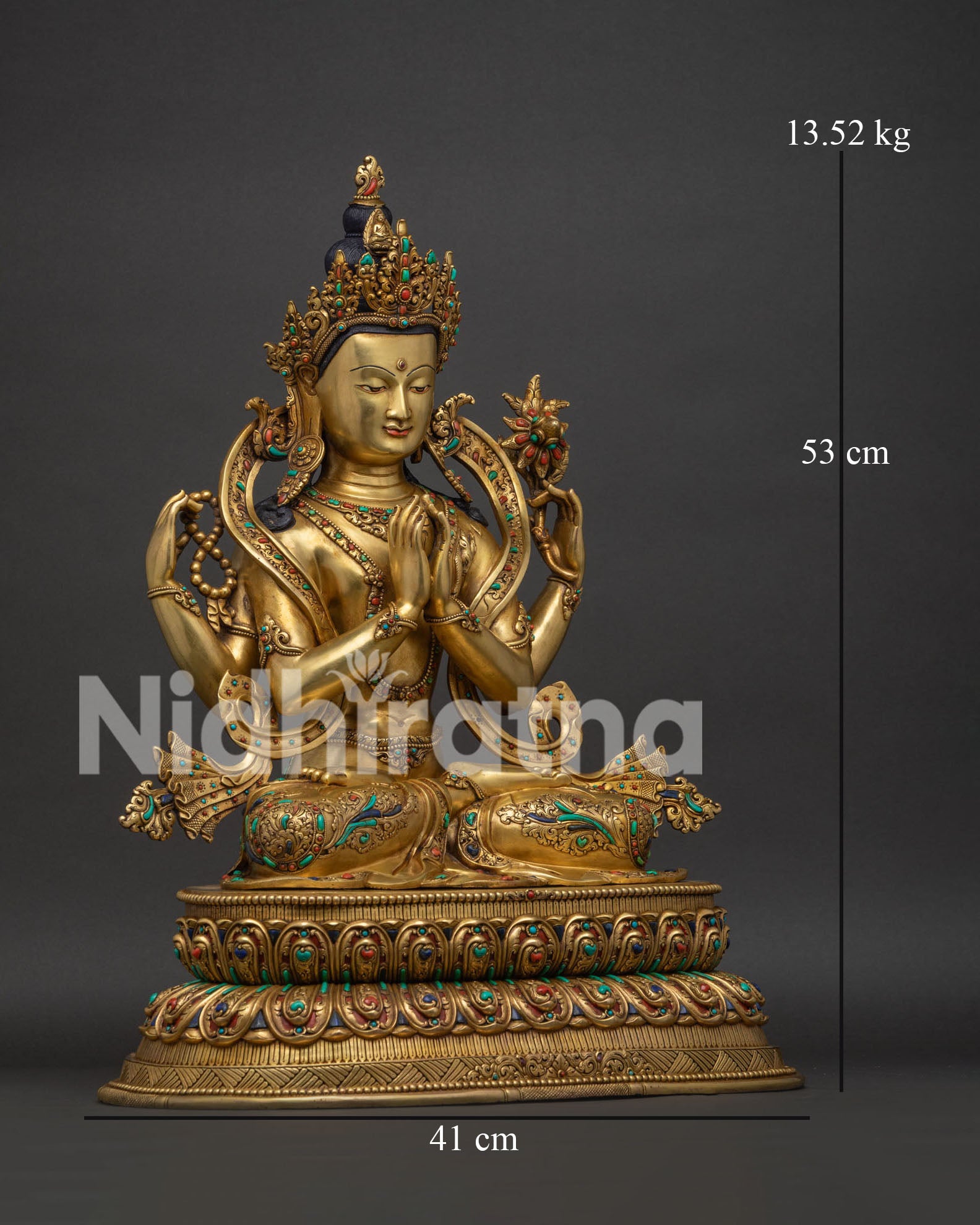 chenrezig statue right side view sacred mala and anjali mudra gold copper sculpture from nepal