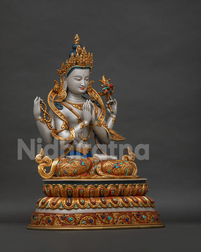 Chenrezig statue South Gyeongsang  right side view showing copper craftsmanship, lotus pedestal and ornaments