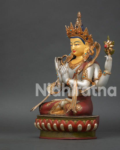 Chenrezig Statue Seated on Lotus Throne Gold Gilded Copper Sacred Himalayan Meditation Deity Art from Nepal.