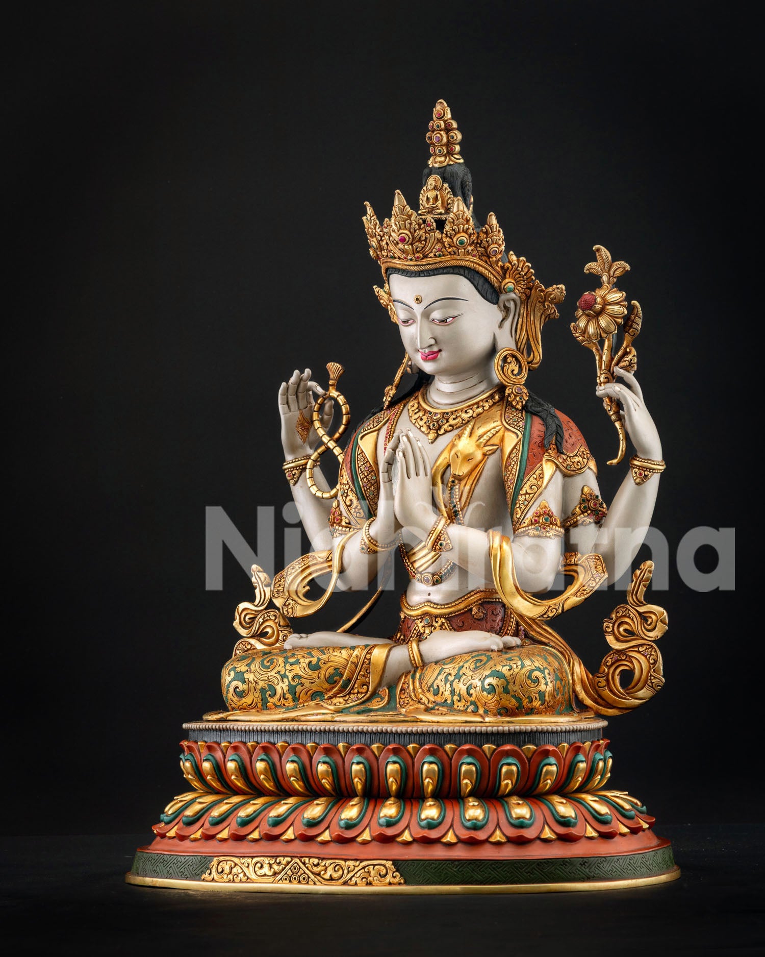 Chenrezig statue showing elegant posture copper body finish and radiant gold gilded sacred ornaments