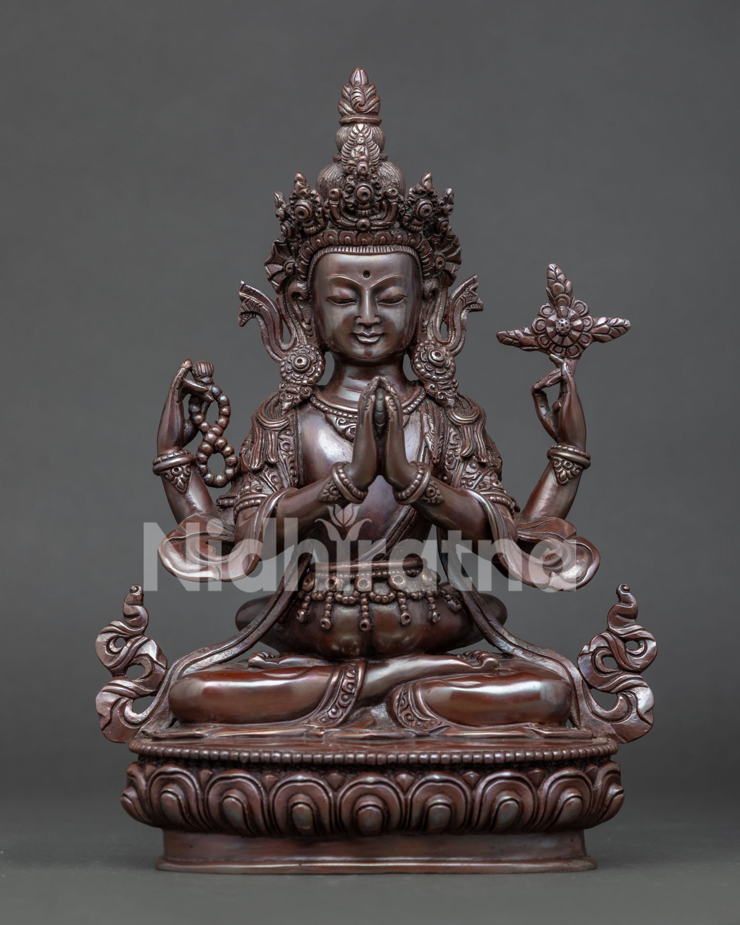 Chenrezig Statue Showing Handcarved Floral Silk Garment.