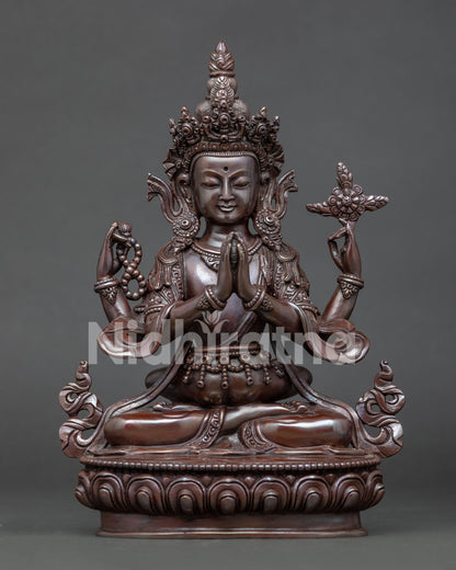 Chenrezig Statue Showing Handcarved Floral Silk Garment.