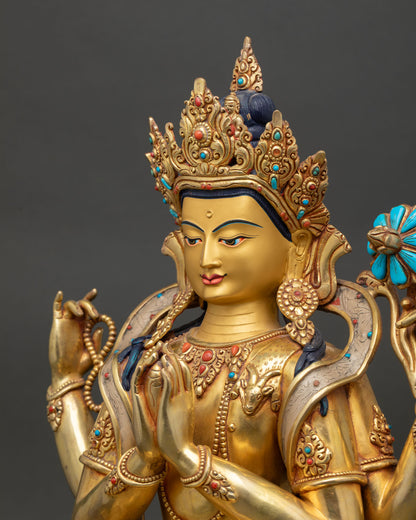 Chenrezig Statue Side Face with Gold Paint and Turquoise Inlay
