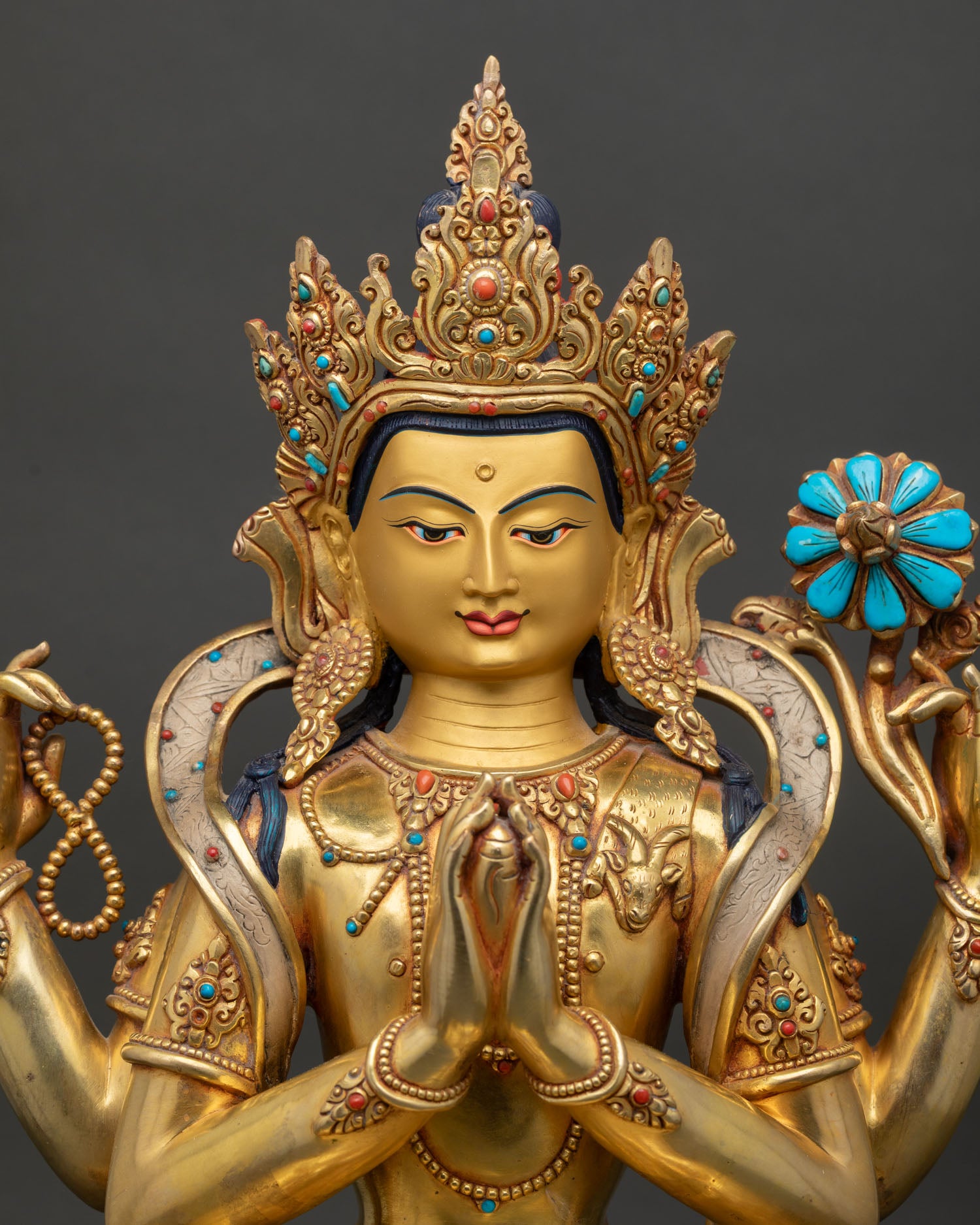 Chenrezig Statue with 24K Gold Fire Gilding and Turquoise Stone Close Up