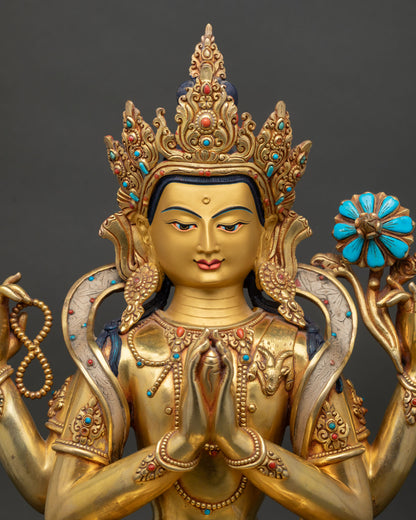 Chenrezig Statue with 24K Gold Fire Gilding and Turquoise Stone Close Up