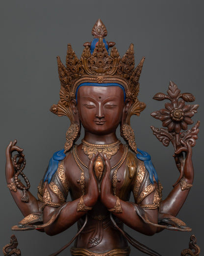Chenrezig Statue with Ornate Crown, Sacred Objects and Buddhist Symbolism