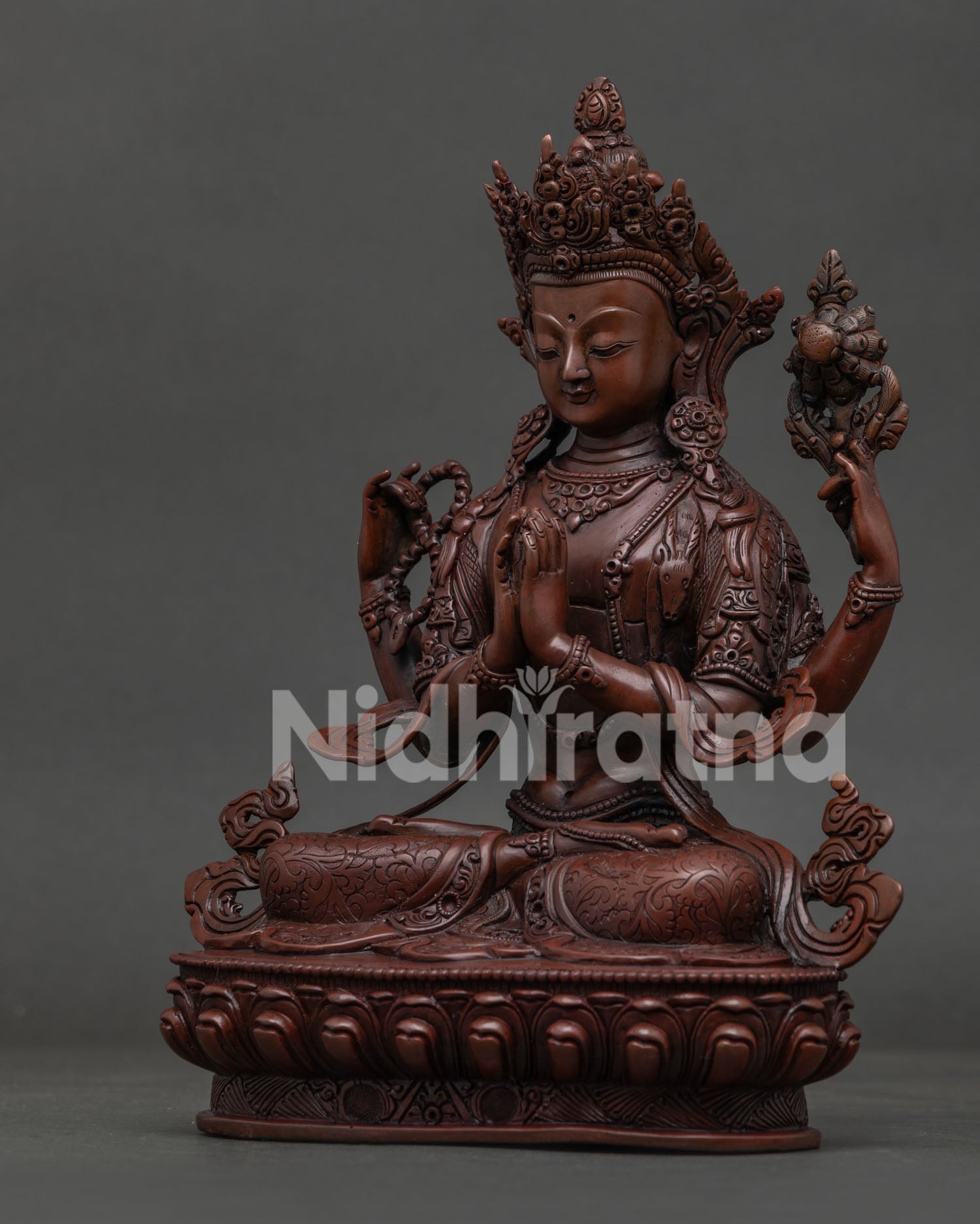 Chenrezig Statue with Wish Fulfilling Gem and Hand Carved Silk Garments.