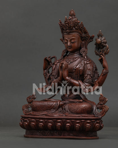 Chenrezig Statue with Wish Fulfilling Gem and Hand Carved Silk Garments.