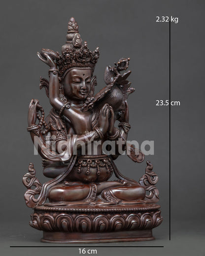 Chenrezig with Consort Copper Statue with Oxidized Finish and Lotus Pedestal.