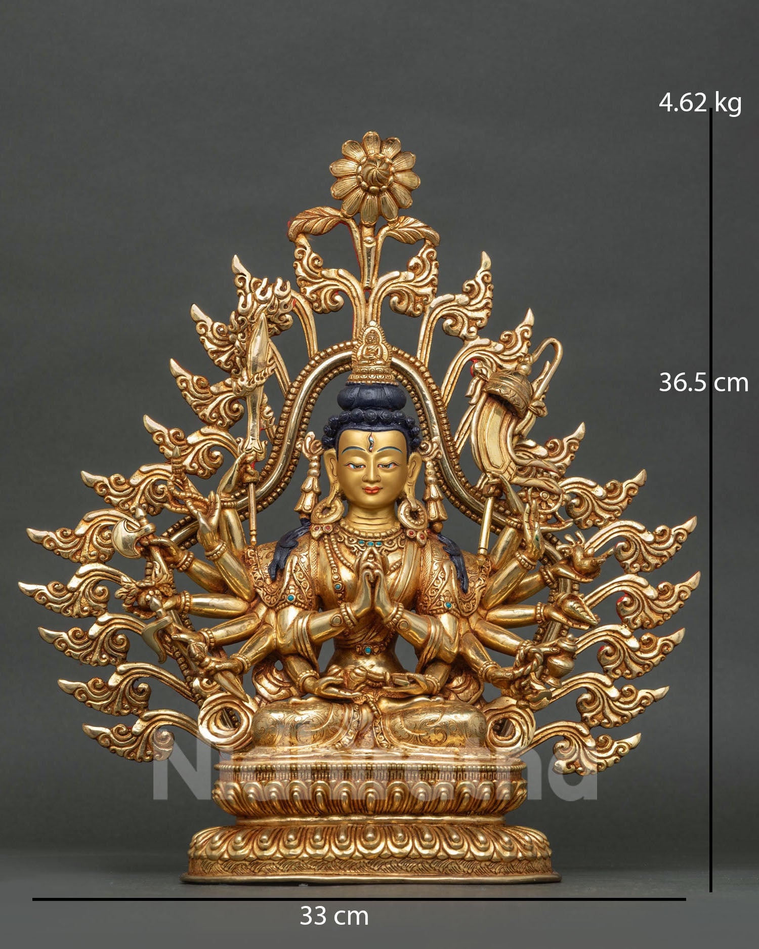 Chundi Devi statue with 24K gold fire gilding and jeweled crown from Nepal
