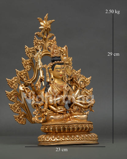 Chundi Goddess statue seated on lotus pedestal with sacred ritual implements and golden halo
