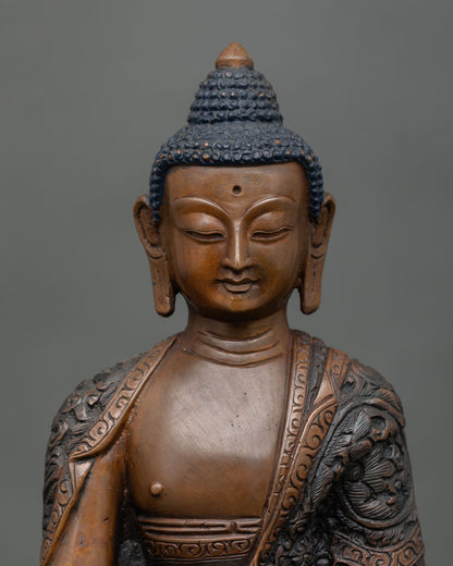Close up Amitabha Buddha face detail lost wax casting Himalayan art dhyana mudra spiritual meditation statue
