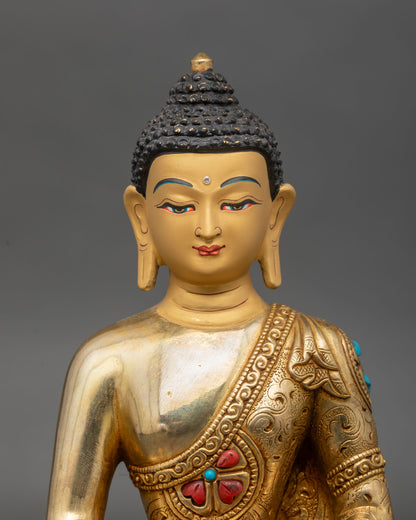 Close up Amitabha Buddha, gold-painted face, Dhyana Mudra, semi-precious stones