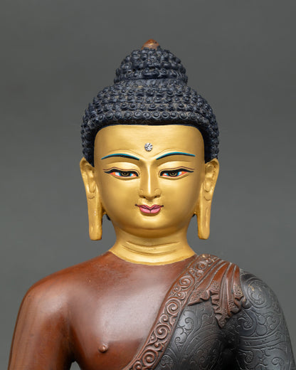 Close up Amitabha Buddha serene face Infinite Light Buddha gold painted expression copper Buddhist statue
