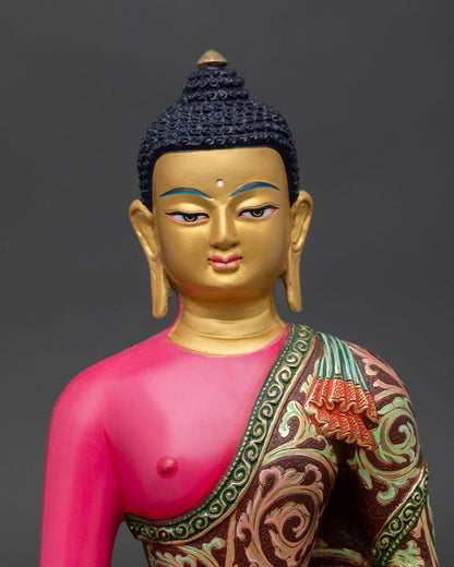 Close up Amitabha Buddha serene face with gold detailing hand painted finish symbolizing infinite light compassion and spiritual awakening